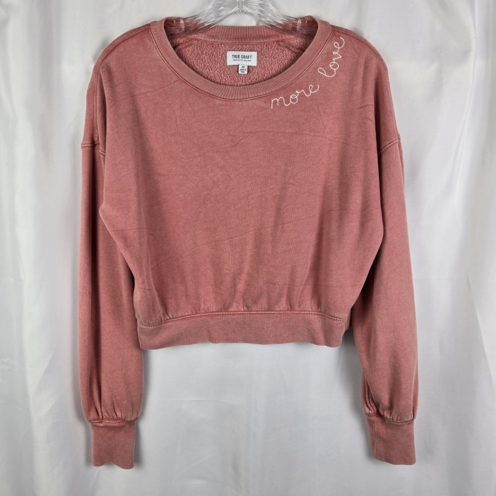 True Craft Embroidered "More Love" Rust Pink Burnout Cropped Sweatshirt Size XS